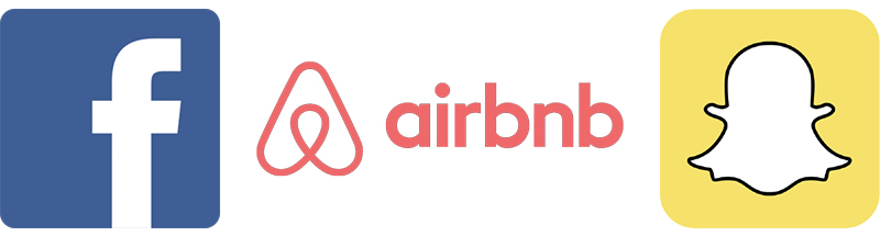 Logos of Facebook, Airbnb and Snapchat