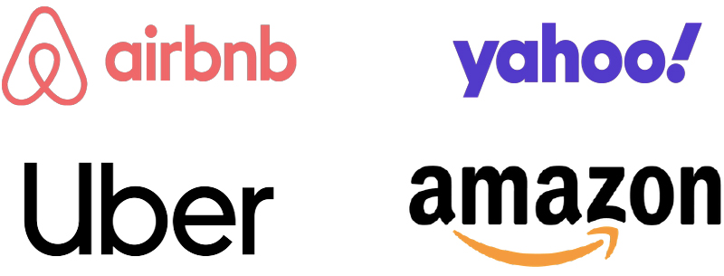 Logos of Airbnb, Yahoo, Uber and Amazon