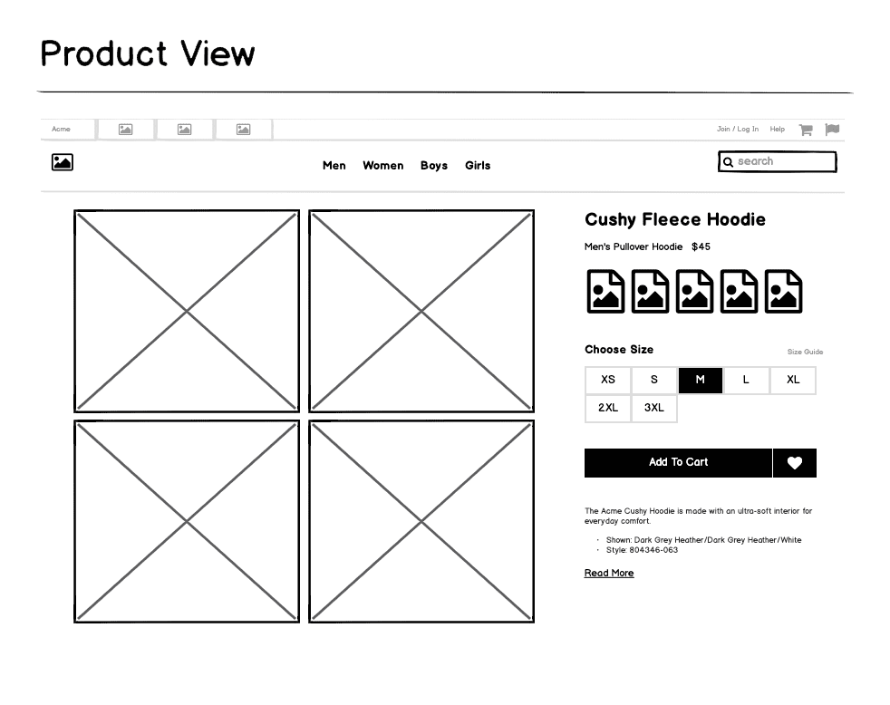 Example of a product page wireframe